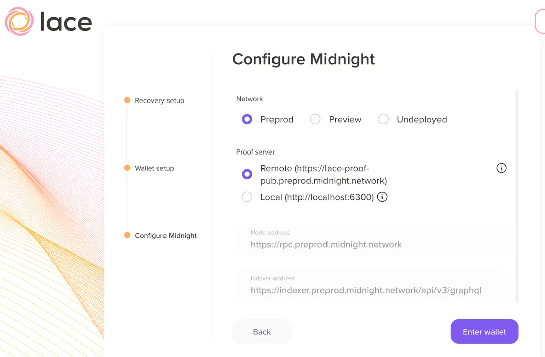 Lace ウォレットの「Configure Midnight」設定画面。Network で Preprod が選択され、Proof server は Remote(https://lace-proof-pub.preprod.midnight.network)か Local(http://localhost:6300)を選べる。Node address に https://rpc.preprod.midnight.network、Indexer address に https://indexer.preprod.midnight.network/api/v3/graphql が表示されている。